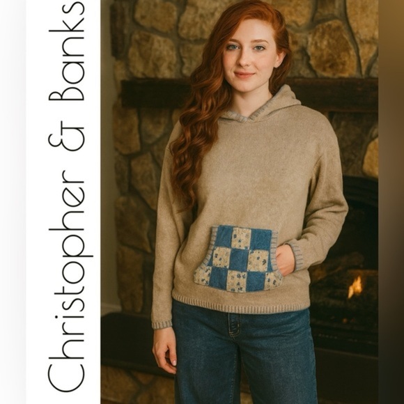 Vintage Christopher & Banks Beige Hoodie Blue Patchwork Pocket Sweater M Y2K - Picture 2 of 8